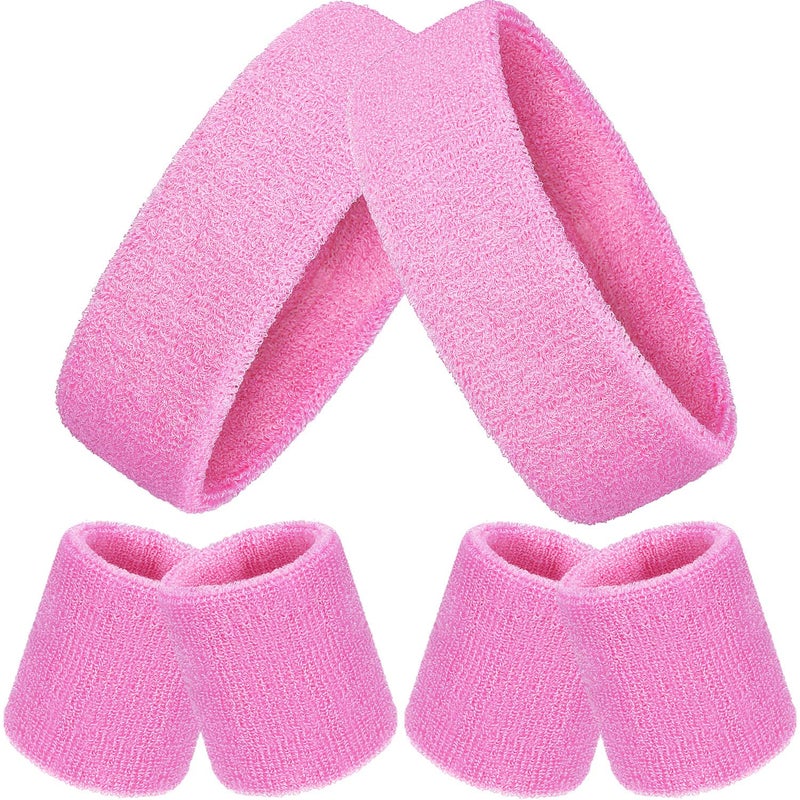 Bememo 6 Pcs Neon Sports Sweatbands Set Paris Sports Competitions Sweatbands 2 Headband 4 Wristbands Breathable Terry Cloth Athletic Bands for Basketball Tennis Costumes Cosplay(Pink) - Image 1